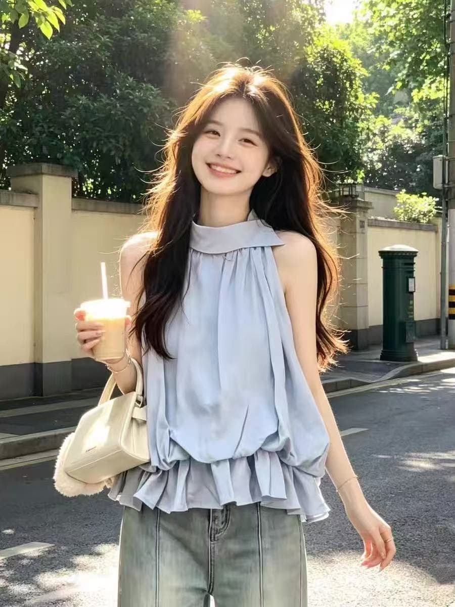 한국 스타일 프릴 꽃밭 행침 목 조끼 여성 셔츠 여름 불규칙 폴로 칼라 인형 셔츠 루즈핏 슬림해 보이는 맨위 상세 이미지 2