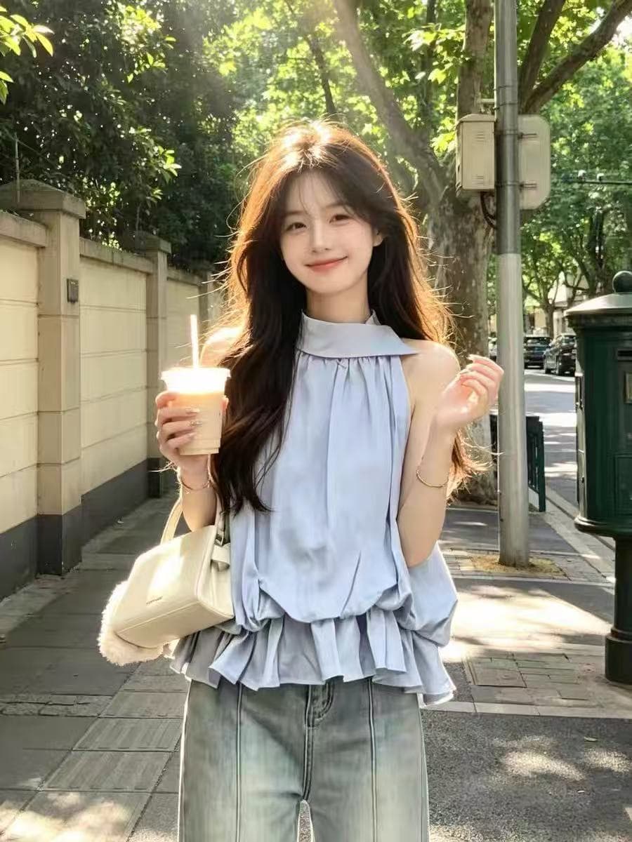한국 스타일 프릴 꽃밭 행침 목 조끼 여성 셔츠 여름 불규칙 폴로 칼라 인형 셔츠 루즈핏 슬림해 보이는 맨위 상세 이미지 3