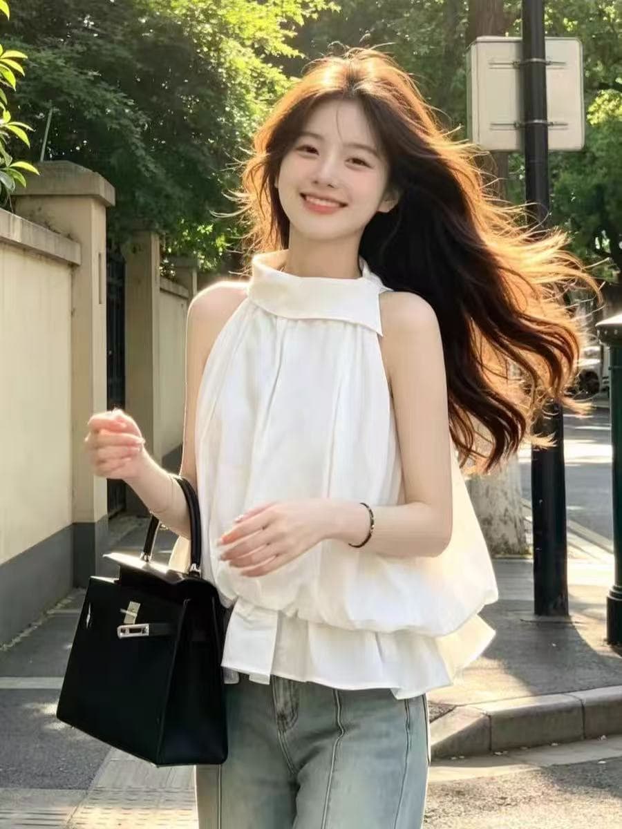 한국 스타일 프릴 꽃밭 행침 목 조끼 여성 셔츠 여름 불규칙 폴로 칼라 인형 셔츠 루즈핏 슬림해 보이는 맨위 상세 이미지 4