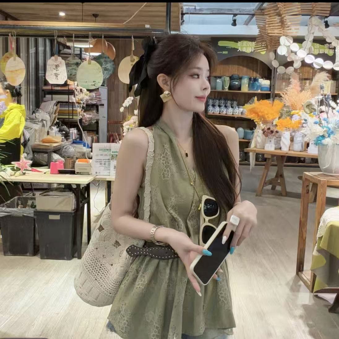 녹색 프랑스식 자카드 V넥 행침 목 캐미솔 여름 새로운 작은 대중 디자인 센스 허리 수축 슬림해 보이는 맨위