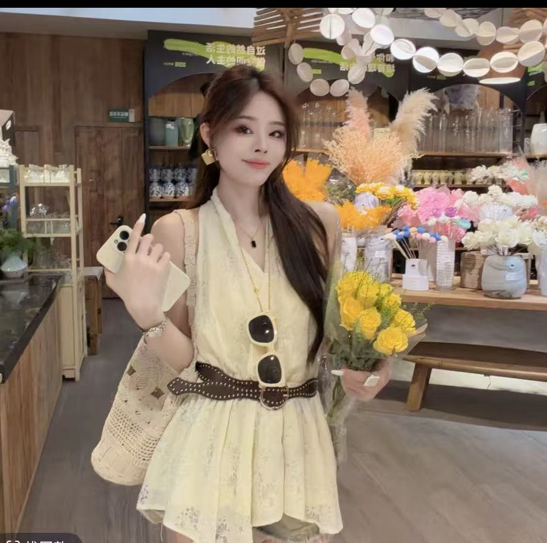 녹색 프랑스식 자카드 V넥 행침 목 캐미솔 여름 새로운 작은 대중 디자인 센스 허리 수축 슬림해 보이는 맨위 이미지 4