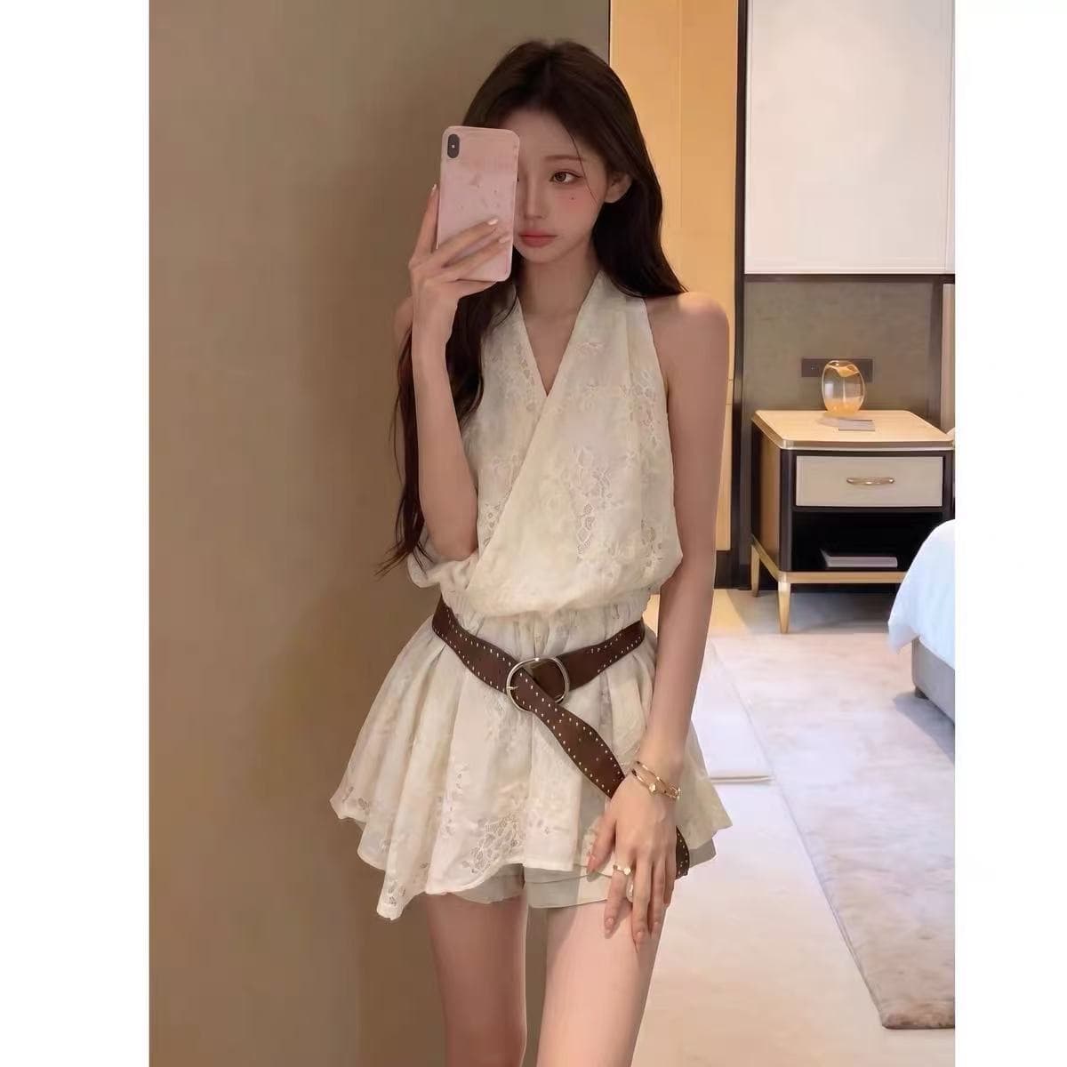 녹색 프랑스식 자카드 V넥 행침 목 캐미솔 여름 새로운 작은 대중 디자인 센스 허리 수축 슬림해 보이는 맨위 상세 이미지 2