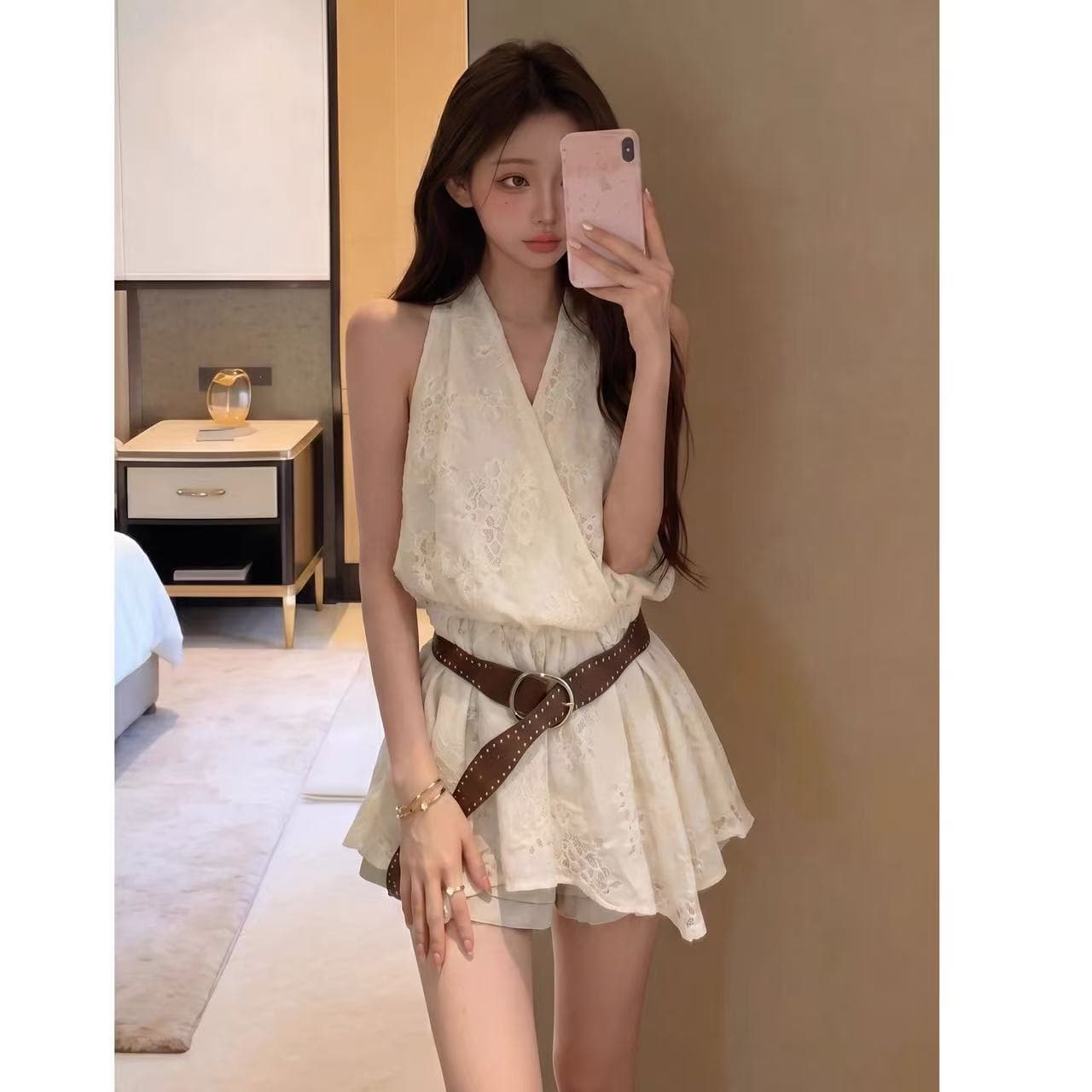 녹색 프랑스식 자카드 V넥 행침 목 캐미솔 여름 새로운 작은 대중 디자인 센스 허리 수축 슬림해 보이는 맨위 상세 이미지 3