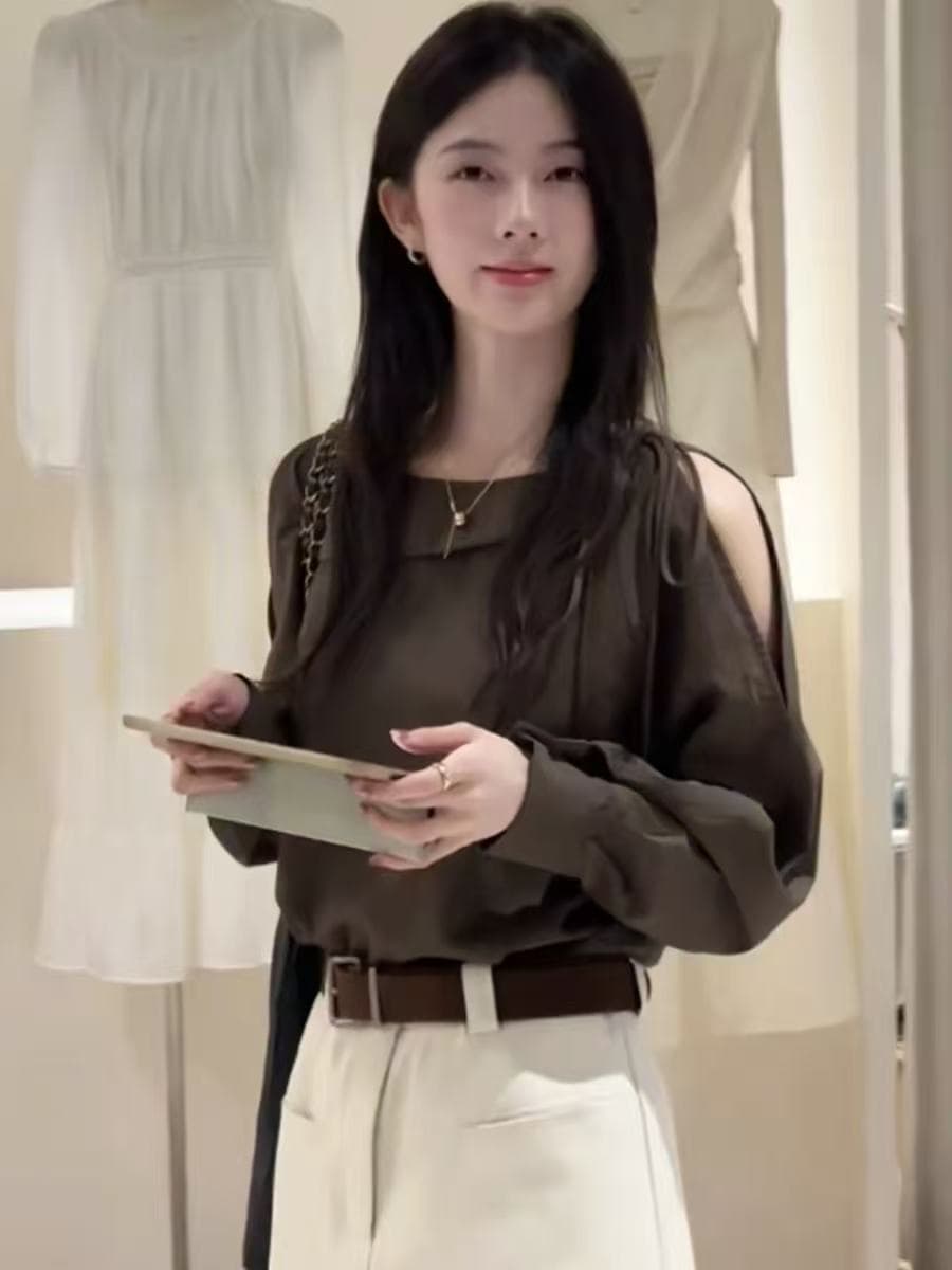 오래된 돈 바람 품격 폴로 칼라 긴팔 오프숄더 여성 셔츠 이른 가을 새로운 고유 한 외국 가스 루즈핏 외출용 다용도 맨위 상세 이미지 1
