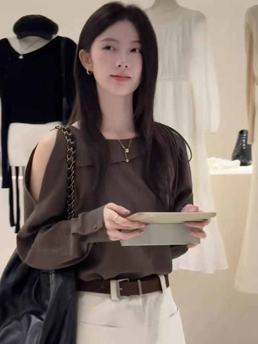 오래된 돈 바람 품격 폴로 칼라 긴팔 오프숄더 여성 셔츠 이른 가을 새로운 고유 한 외국 가스 루즈핏 외출용 다용도 맨위 상세 이미지 5