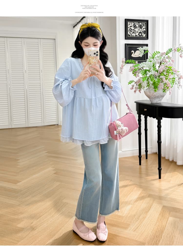 실사 가을 출산 착용 작은 청신 루즈핏 라운드 넥 프릴 패치워크 인형 셔츠 빅 사이즈 맨위 상세 이미지 19