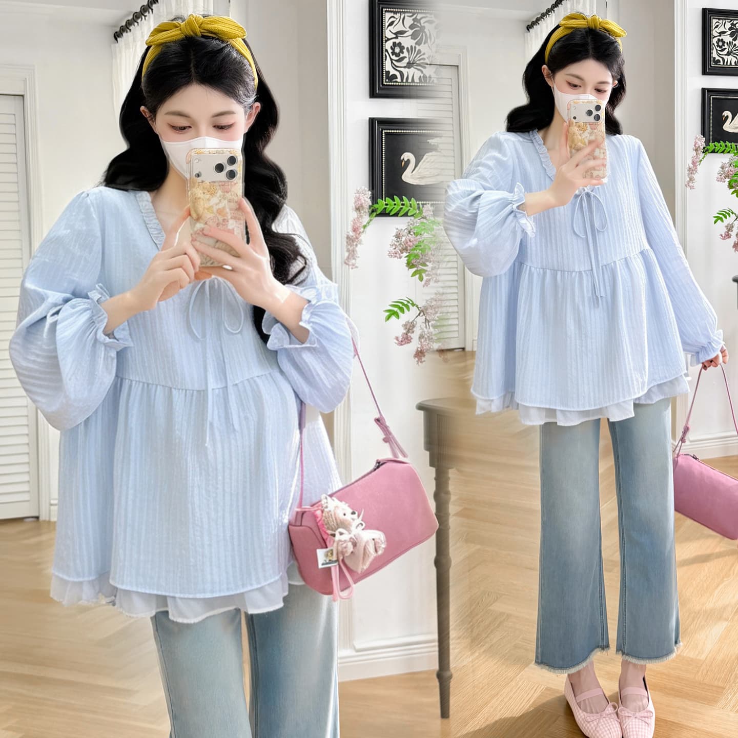 실사 가을 출산 착용 작은 청신 루즈핏 라운드 넥 프릴 패치워크 인형 셔츠 빅 사이즈 맨위 이미지 5