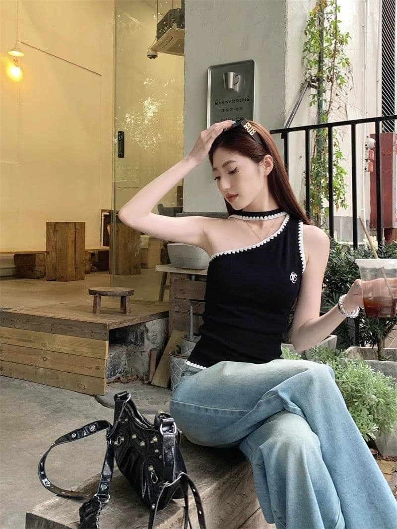 경관 그림 220 그램 40 1 1 차가운 실크 코튼 디자인 센스 오프숄더 여성 핫걸 프린트 비스듬한 어깨 티셔츠 상세 이미지 6