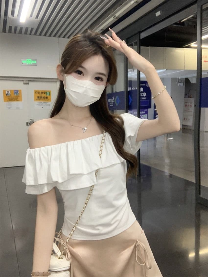 원본 것 여름 순수한 욕망 오프숄더 반팔 티셔츠 프릴 주름 Chic 몸매 가꾸기 쇼트 스타일 맨위 상세 이미지 1