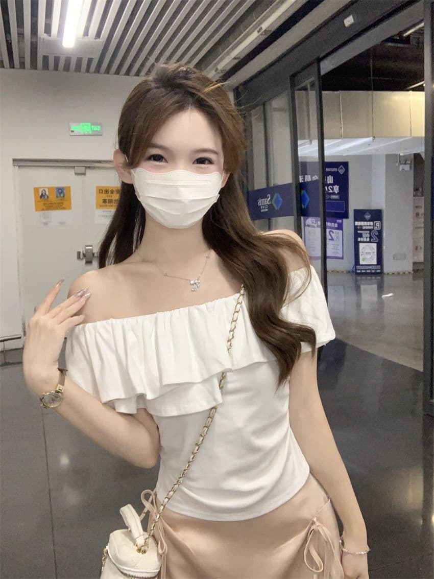 원본 것 여름 순수한 욕망 오프숄더 반팔 티셔츠 프릴 주름 Chic 몸매 가꾸기 쇼트 스타일 맨위 상세 이미지 2