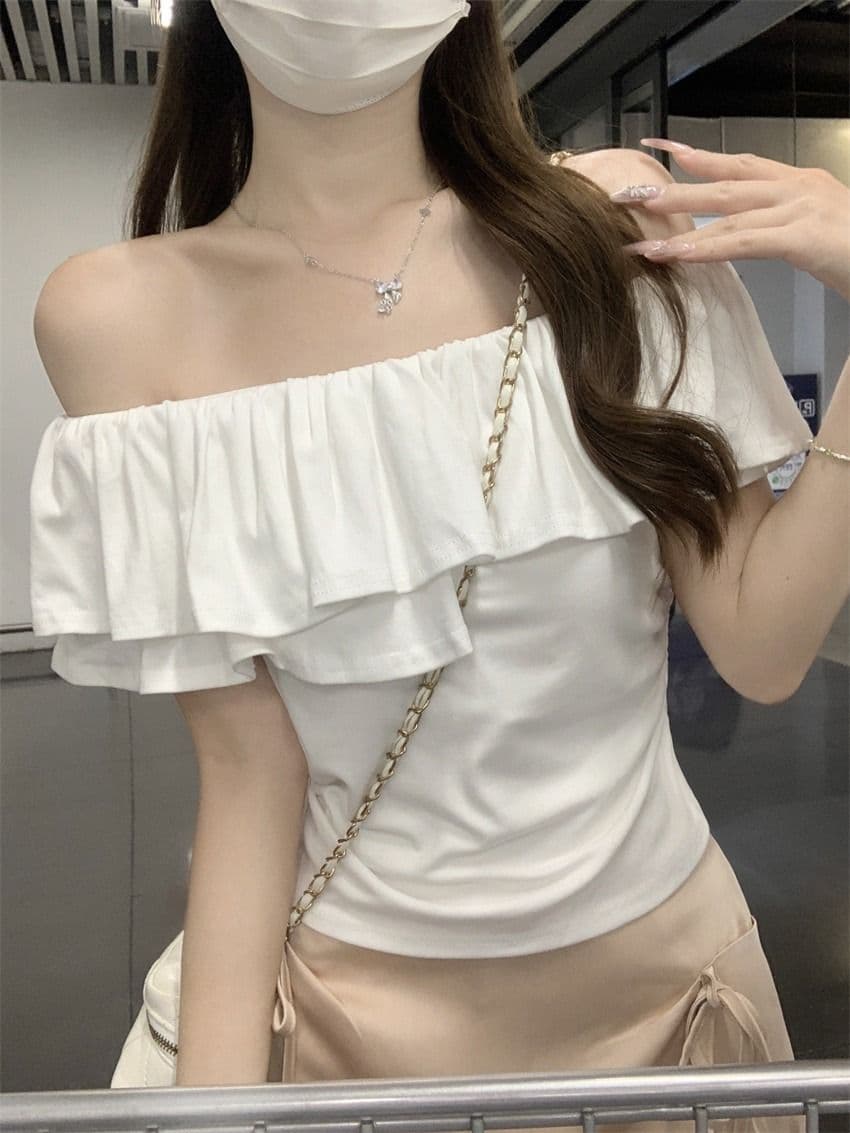원본 것 여름 순수한 욕망 오프숄더 반팔 티셔츠 프릴 주름 Chic 몸매 가꾸기 쇼트 스타일 맨위 상세 이미지 4