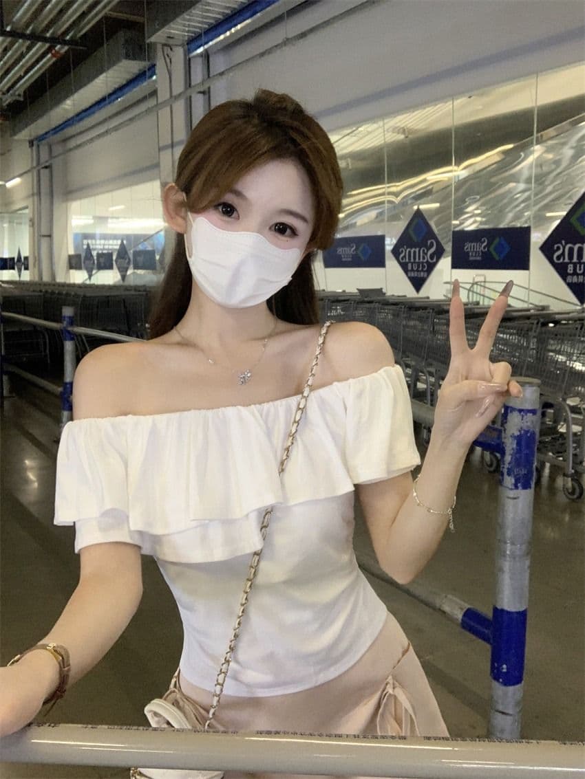 원본 것 여름 순수한 욕망 오프숄더 반팔 티셔츠 프릴 주름 Chic 몸매 가꾸기 쇼트 스타일 맨위 상세 이미지 5