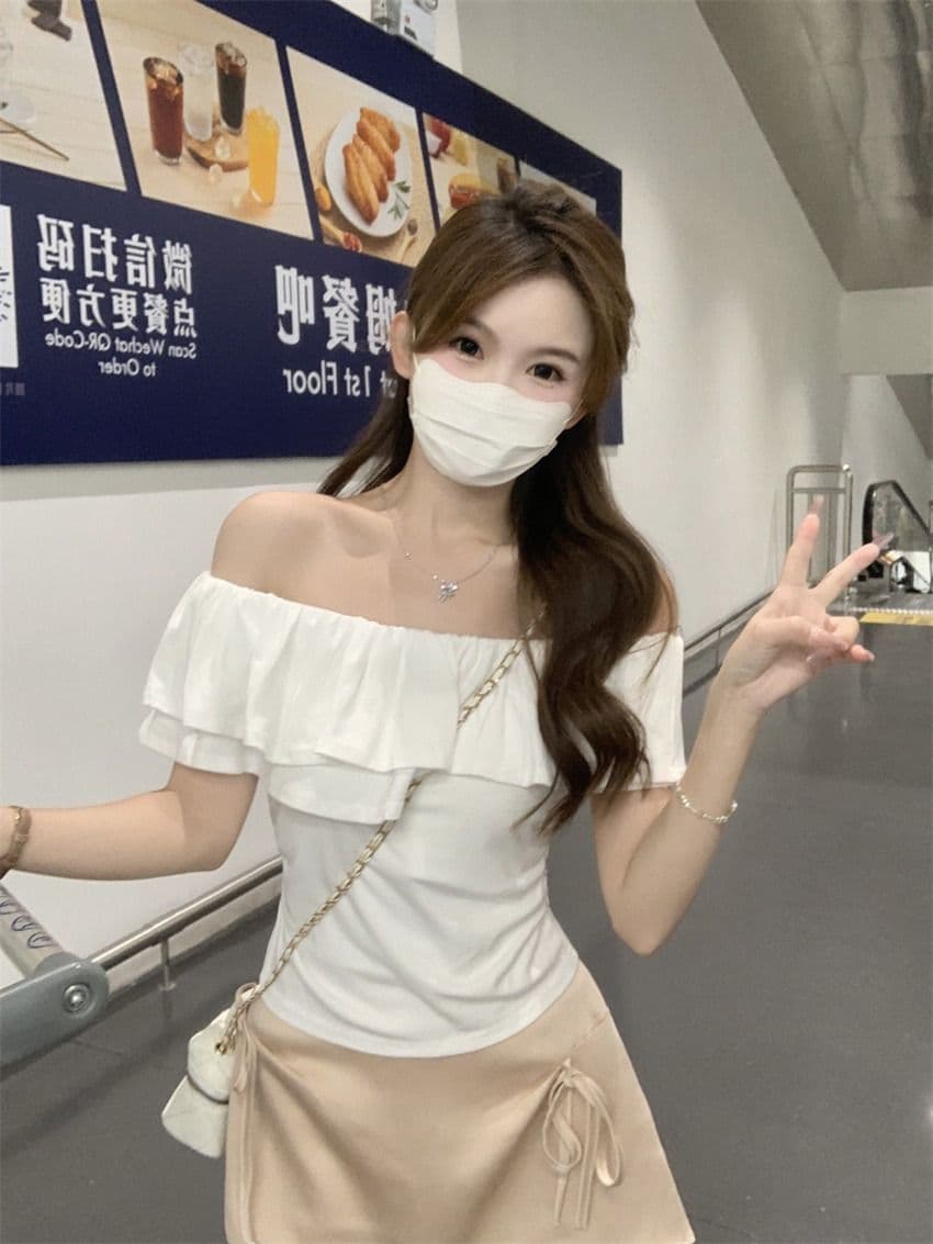 원본 것 여름 순수한 욕망 오프숄더 반팔 티셔츠 프릴 주름 Chic 몸매 가꾸기 쇼트 스타일 맨위 상세 이미지 6