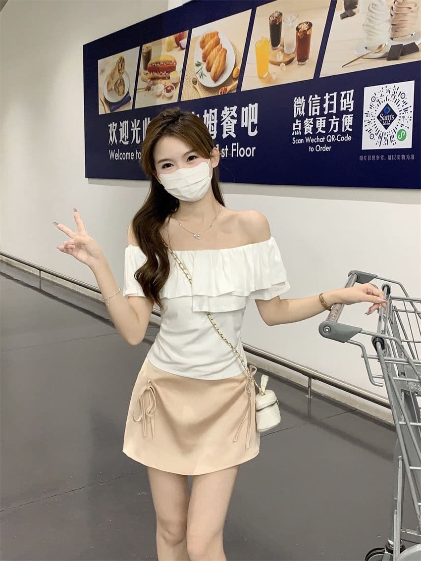 원본 것 여름 순수한 욕망 오프숄더 반팔 티셔츠 프릴 주름 Chic 몸매 가꾸기 쇼트 스타일 맨위 상세 이미지 8