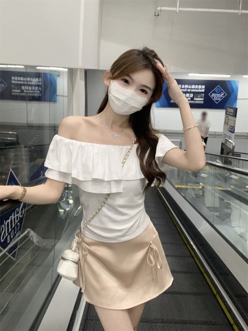원본 것 여름 순수한 욕망 오프숄더 반팔 티셔츠 프릴 주름 Chic 몸매 가꾸기 쇼트 스타일 맨위 상세 이미지 11