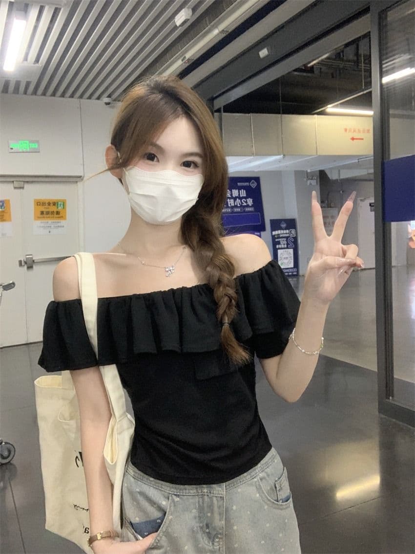 원본 것 여름 순수한 욕망 오프숄더 반팔 티셔츠 프릴 주름 Chic 몸매 가꾸기 쇼트 스타일 맨위 상세 이미지 13