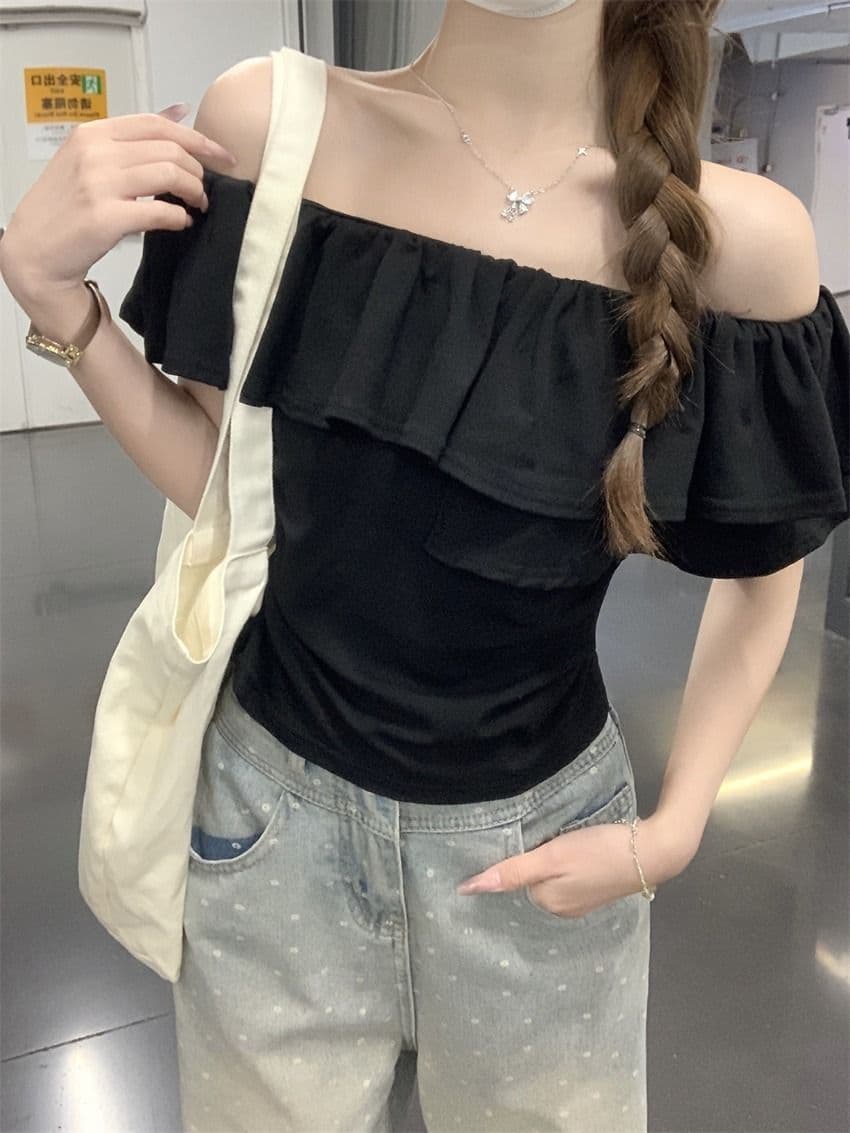 원본 것 여름 순수한 욕망 오프숄더 반팔 티셔츠 프릴 주름 Chic 몸매 가꾸기 쇼트 스타일 맨위 상세 이미지 14