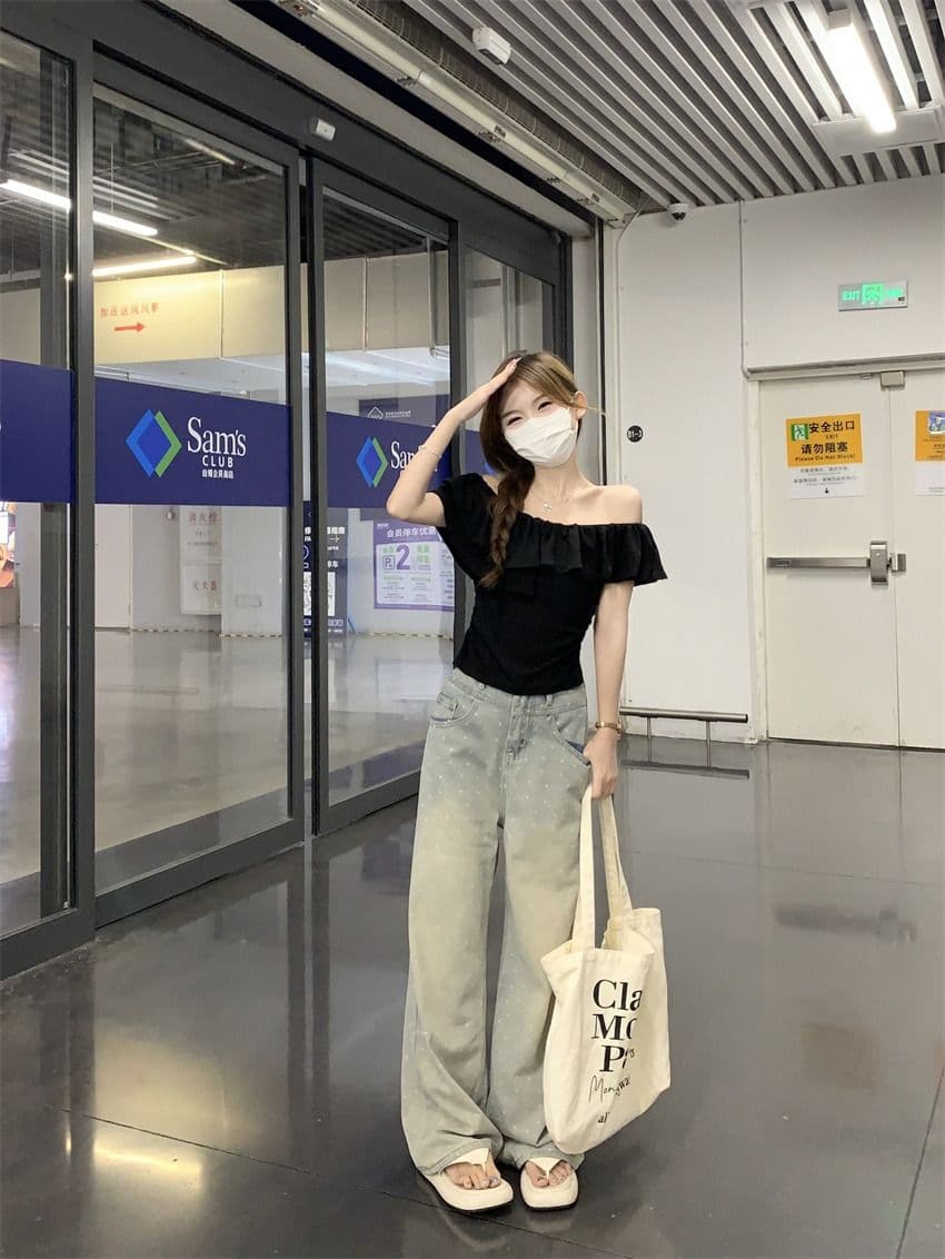 원본 것 여름 순수한 욕망 오프숄더 반팔 티셔츠 프릴 주름 Chic 몸매 가꾸기 쇼트 스타일 맨위 상세 이미지 15