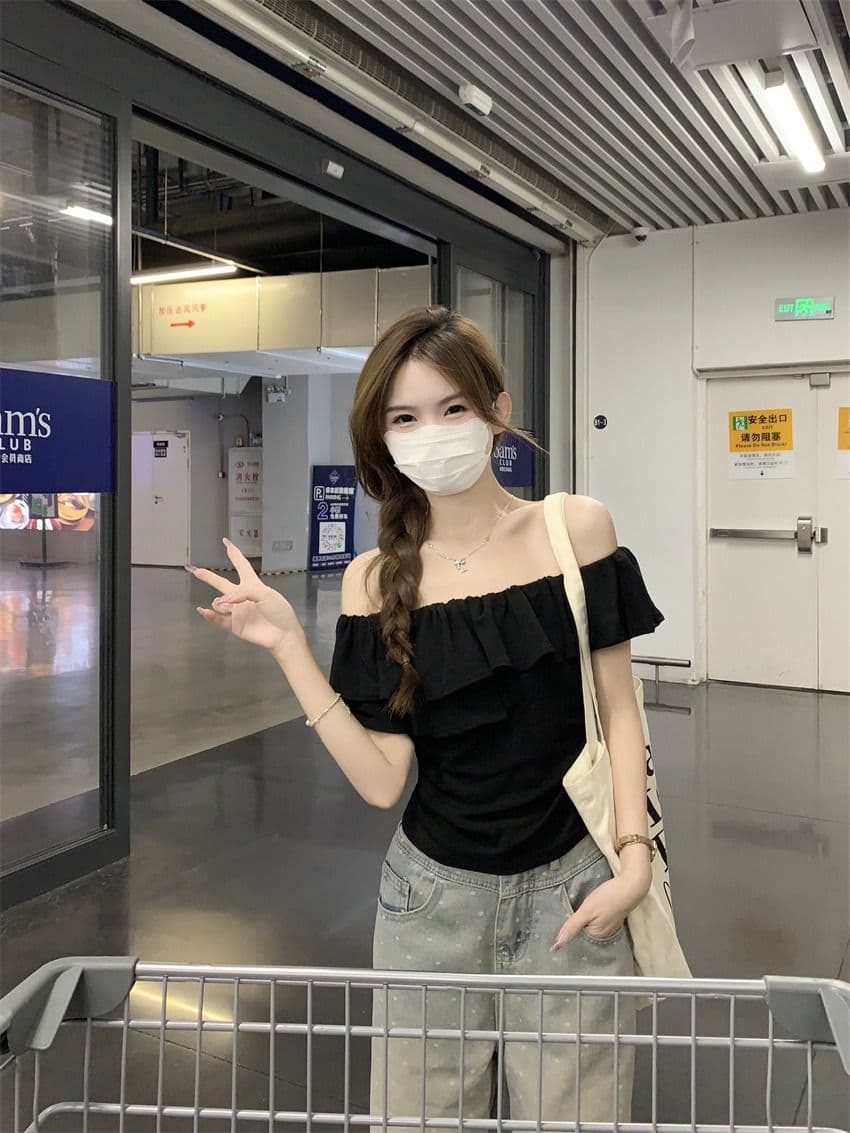 원본 것 여름 순수한 욕망 오프숄더 반팔 티셔츠 프릴 주름 Chic 몸매 가꾸기 쇼트 스타일 맨위 상세 이미지 16