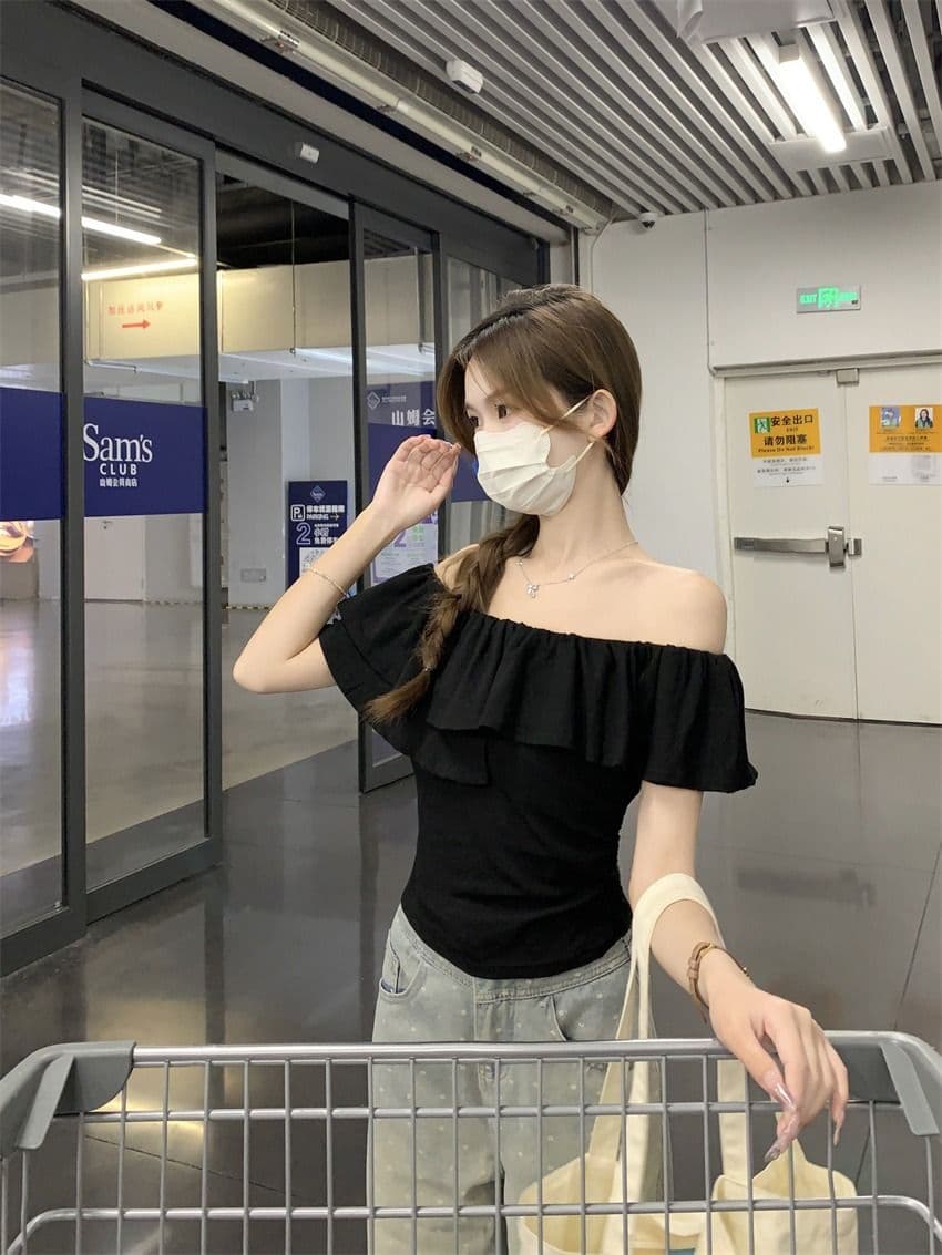 원본 것 여름 순수한 욕망 오프숄더 반팔 티셔츠 프릴 주름 Chic 몸매 가꾸기 쇼트 스타일 맨위 상세 이미지 17