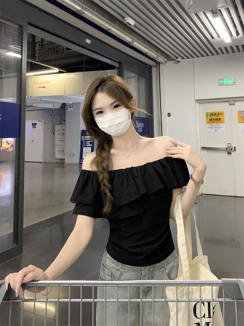 원본 것 여름 순수한 욕망 오프숄더 반팔 티셔츠 프릴 주름 Chic 몸매 가꾸기 쇼트 스타일 맨위 상세 이미지 18