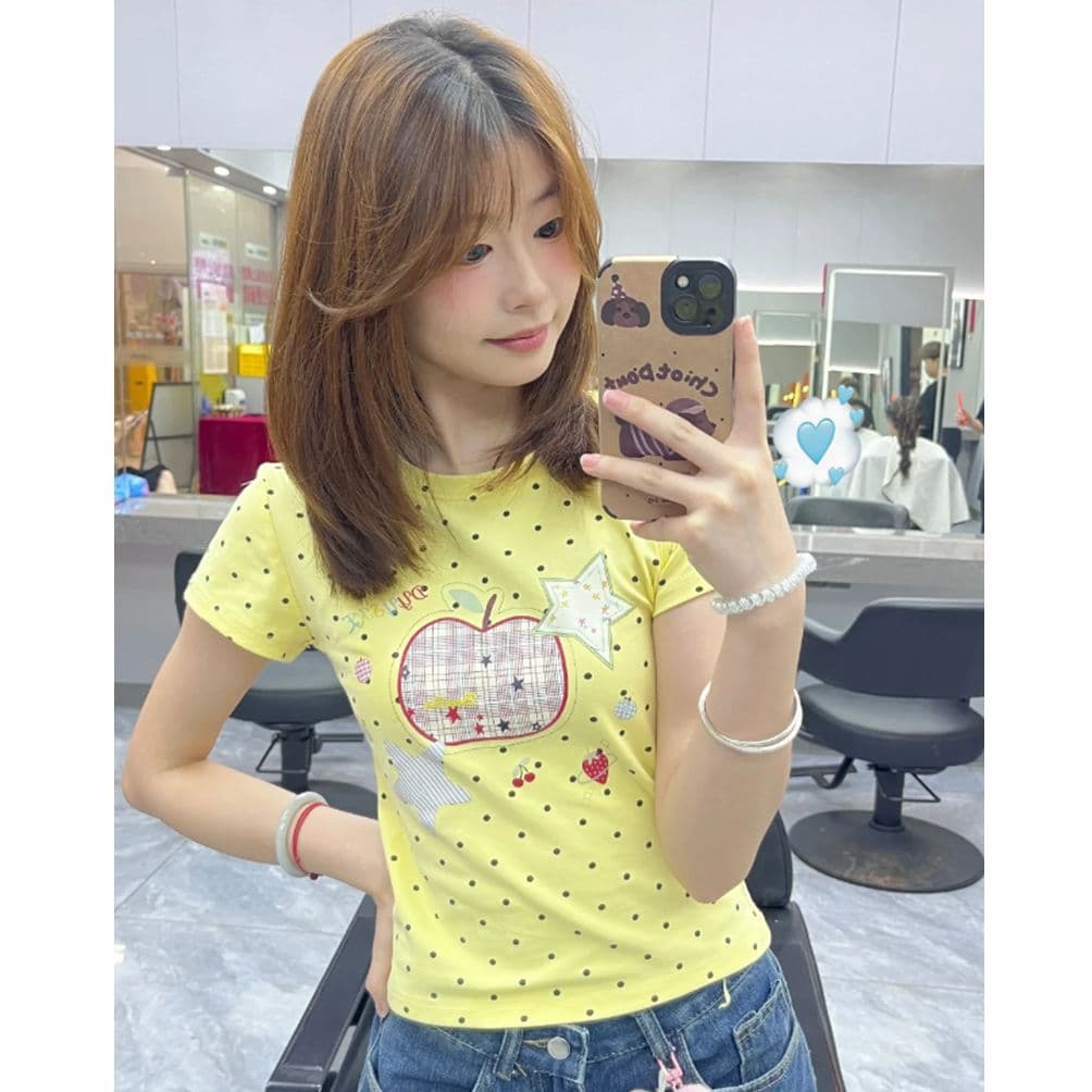220 그램 40 1 1 순면 한 부서 새로운 패션 디자인 센스 라운드 넥 도트 무늬 프린트 반팔 맨위 이미지 4