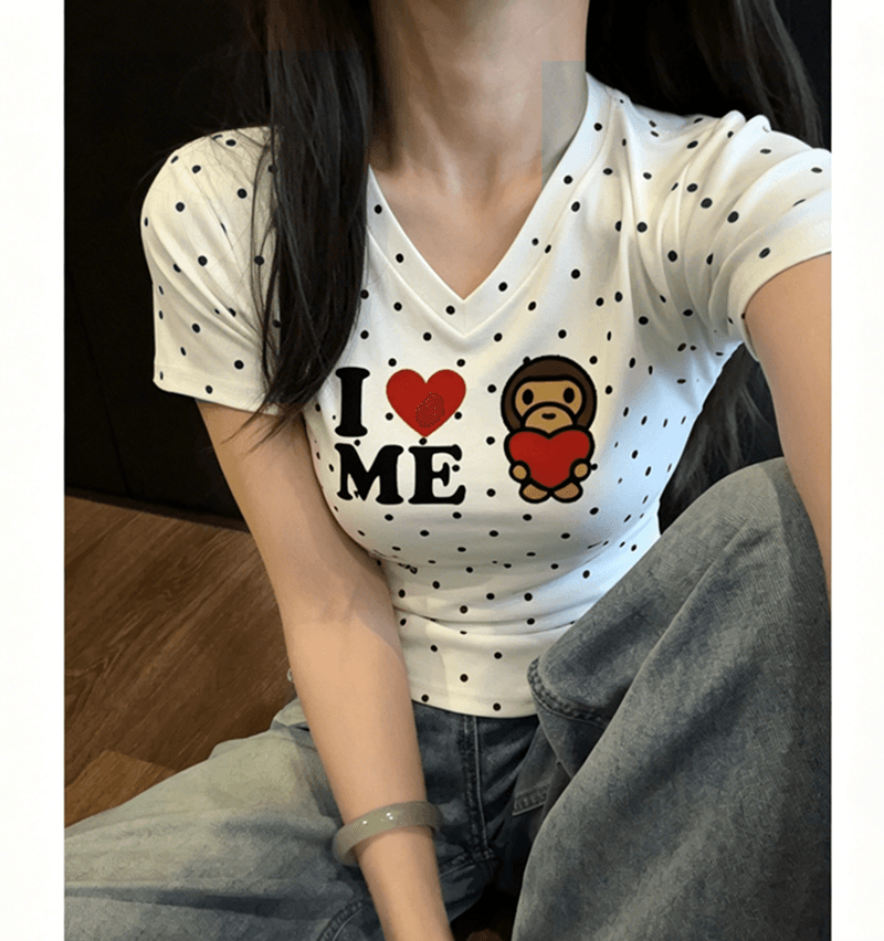 220 그램 40 1 1 순면 여름 새로운 한 부서 V넥 도트 무늬 패션 긍정적 인 어깨 프린트 섹션 반팔 티셔츠 상세 이미지 5