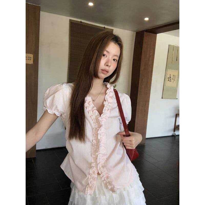 원본 것 반팔 여성 셔츠 여름 고유 한 작은 셔츠 프랑스식 사소한 맨위 핑크색 스트라이프 셔츠 이미지 3