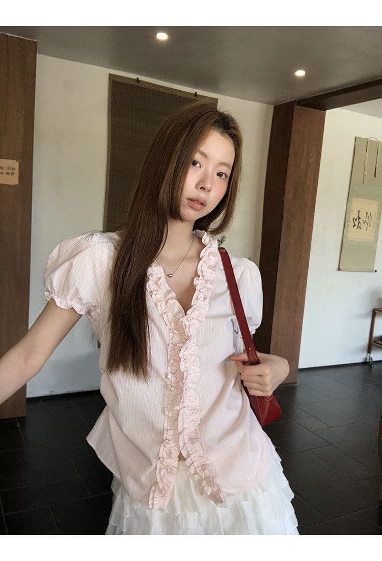 원본 것 반팔 여성 셔츠 여름 고유 한 작은 셔츠 프랑스식 사소한 맨위 핑크색 스트라이프 셔츠 상세 이미지 2
