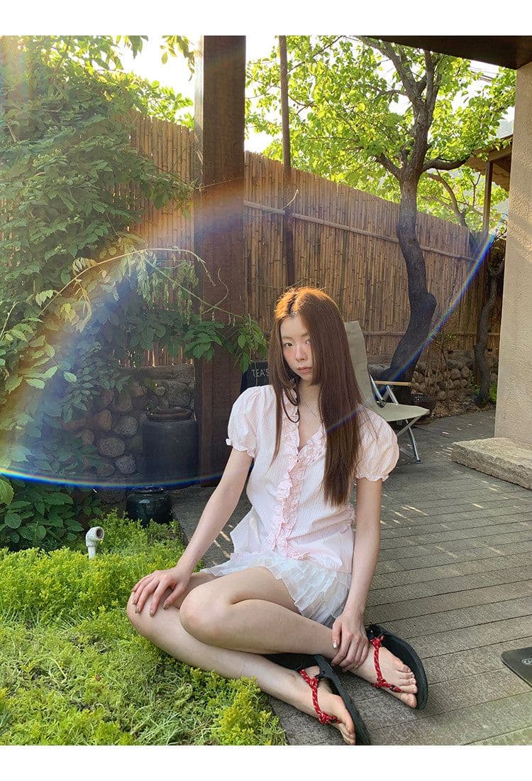 원본 것 반팔 여성 셔츠 여름 고유 한 작은 셔츠 프랑스식 사소한 맨위 핑크색 스트라이프 셔츠 상세 이미지 4
