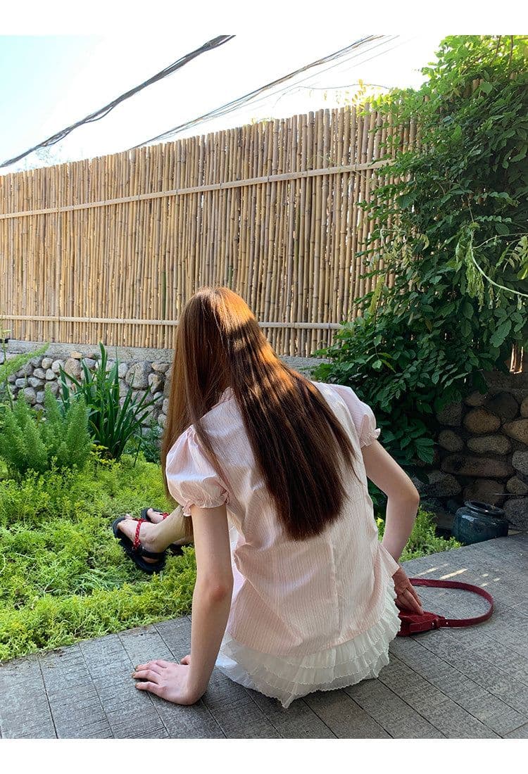 원본 것 반팔 여성 셔츠 여름 고유 한 작은 셔츠 프랑스식 사소한 맨위 핑크색 스트라이프 셔츠 상세 이미지 8