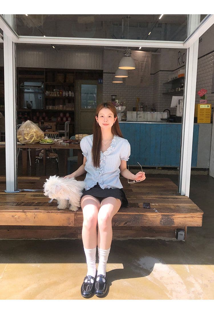 원본 것 반팔 여성 셔츠 여름 고유 한 작은 셔츠 프랑스식 사소한 맨위 핑크색 스트라이프 셔츠 상세 이미지 16