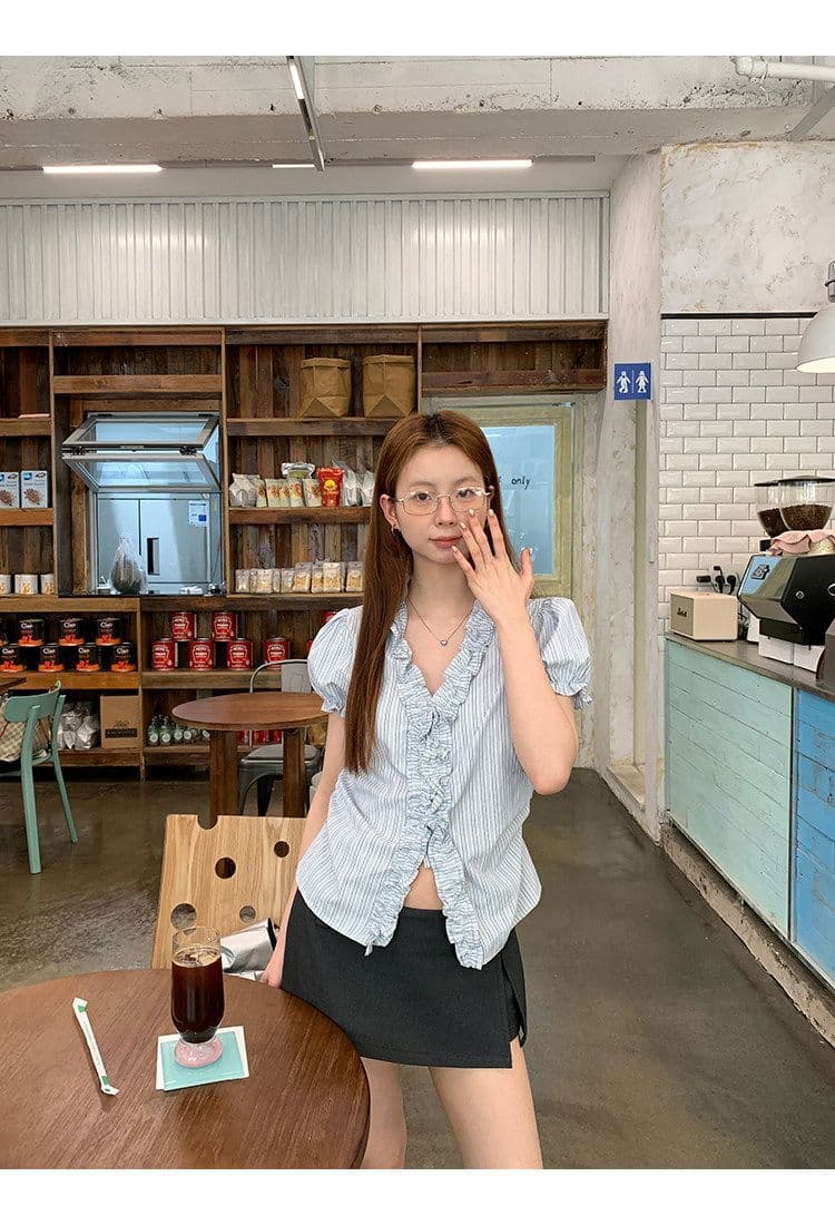 원본 것 반팔 여성 셔츠 여름 고유 한 작은 셔츠 프랑스식 사소한 맨위 핑크색 스트라이프 셔츠 상세 이미지 18