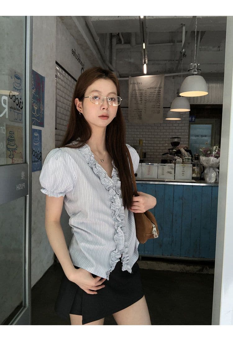 원본 것 반팔 여성 셔츠 여름 고유 한 작은 셔츠 프랑스식 사소한 맨위 핑크색 스트라이프 셔츠 상세 이미지 21