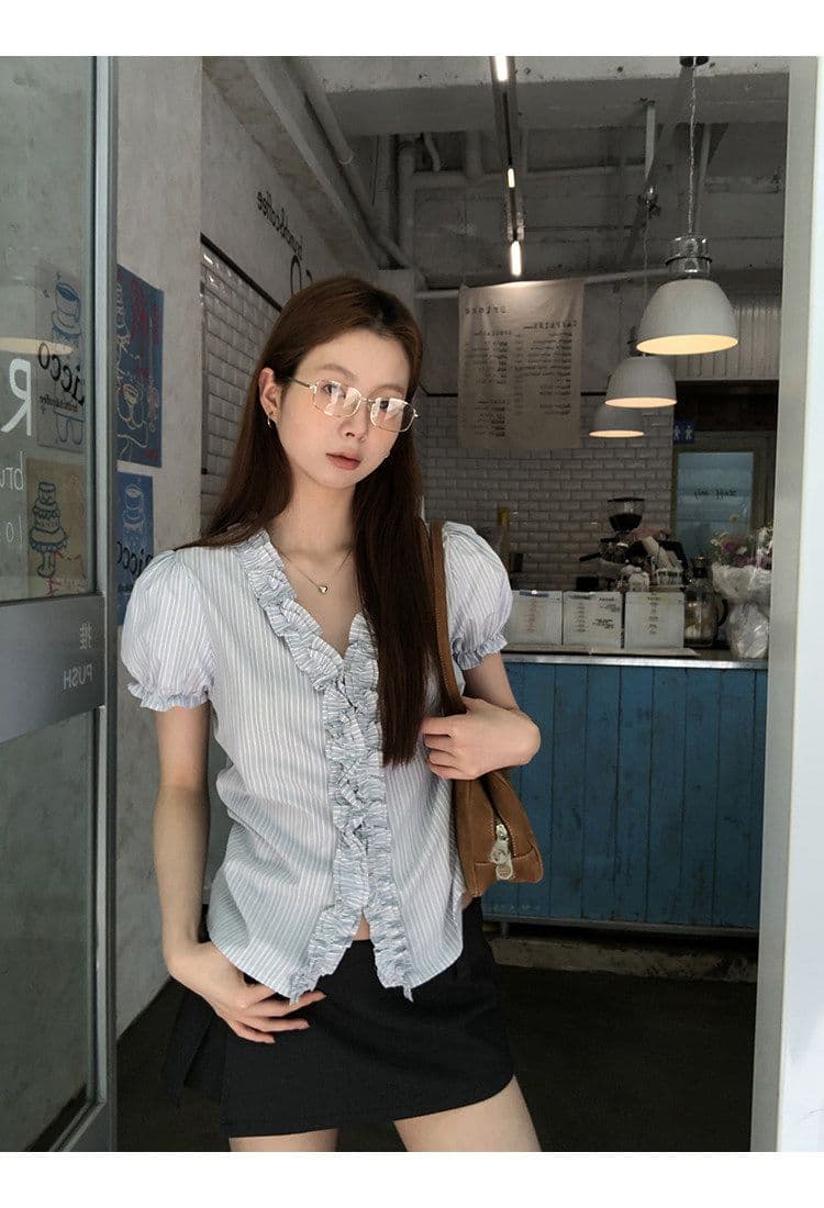 원본 것 반팔 여성 셔츠 여름 고유 한 작은 셔츠 프랑스식 사소한 맨위 핑크색 스트라이프 셔츠 상세 이미지 22