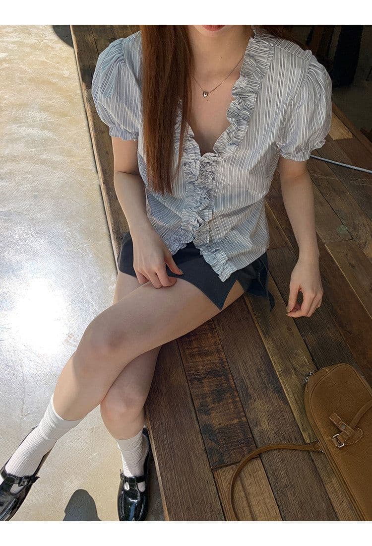 원본 것 반팔 여성 셔츠 여름 고유 한 작은 셔츠 프랑스식 사소한 맨위 핑크색 스트라이프 셔츠 상세 이미지 24