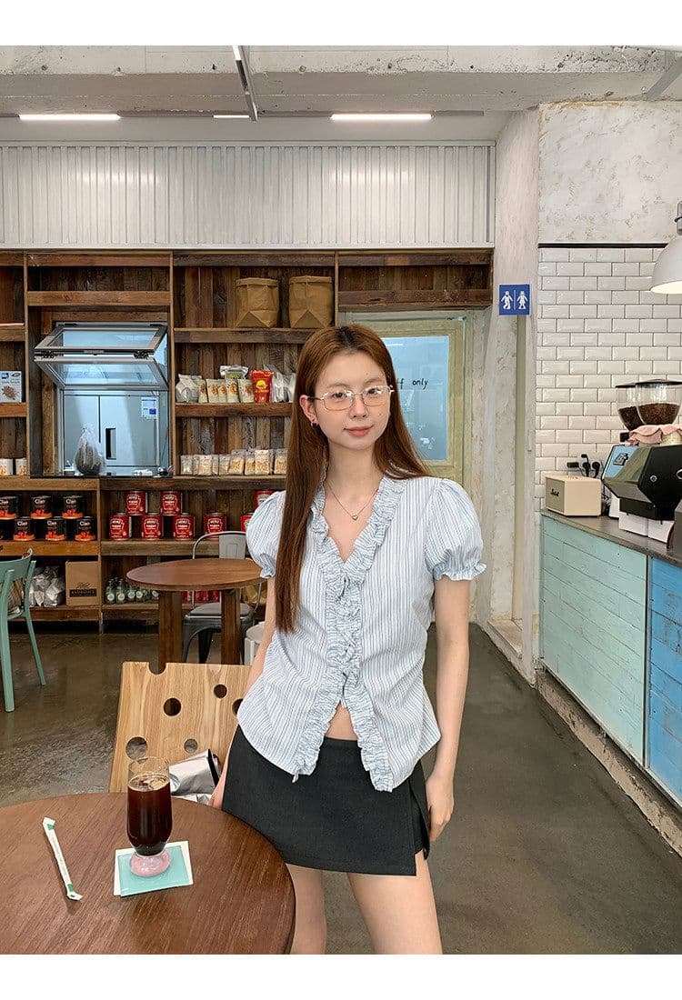 원본 것 반팔 여성 셔츠 여름 고유 한 작은 셔츠 프랑스식 사소한 맨위 핑크색 스트라이프 셔츠 상세 이미지 27