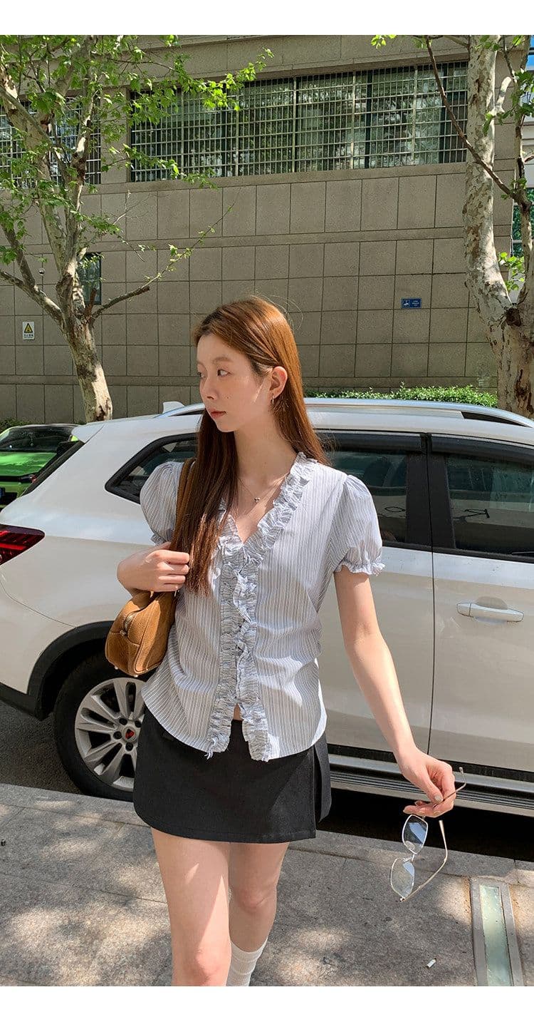원본 것 반팔 여성 셔츠 여름 고유 한 작은 셔츠 프랑스식 사소한 맨위 핑크색 스트라이프 셔츠 상세 이미지 29