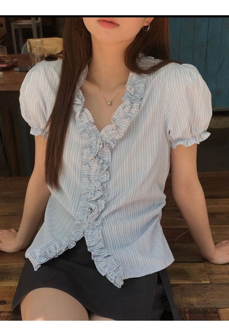 원본 것 반팔 여성 셔츠 여름 고유 한 작은 셔츠 프랑스식 사소한 맨위 핑크색 스트라이프 셔츠 상세 이미지 30