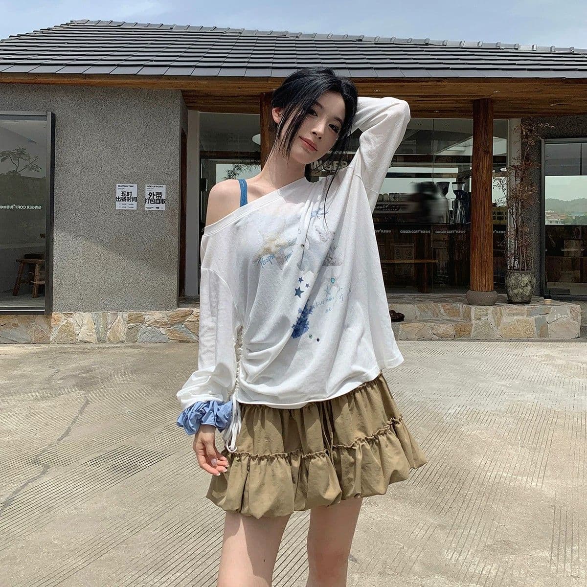 경관 그림 원본 것 디자인 센스 프린트 긴팔 자외선 차단 블라우스 소나무 비스듬한 어깨 의류 이미지 4