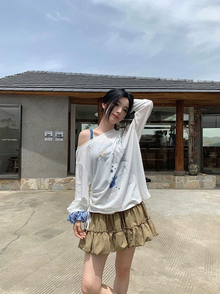 경관 그림 원본 것 디자인 센스 프린트 긴팔 자외선 차단 블라우스 소나무 비스듬한 어깨 의류 상세 이미지 6