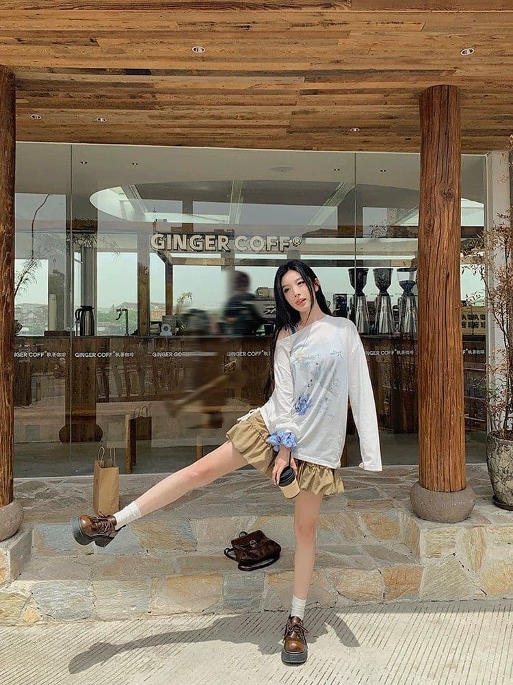 경관 그림 원본 것 디자인 센스 프린트 긴팔 자외선 차단 블라우스 소나무 비스듬한 어깨 의류 상세 이미지 12