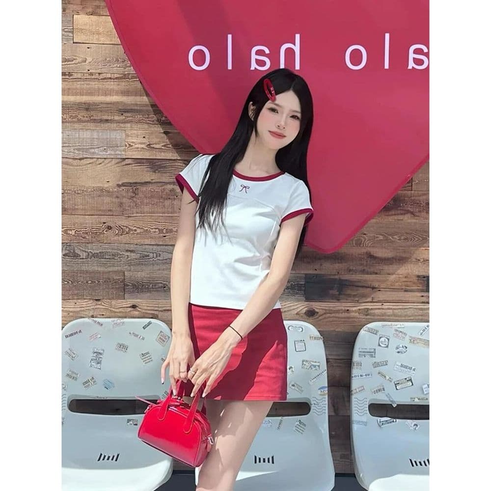 경관 그림 원본 품질 달콤한 자매 바람 개성 반신 스커트 라운드 넥 티셔츠 투피스 세트 세트 이미지 3