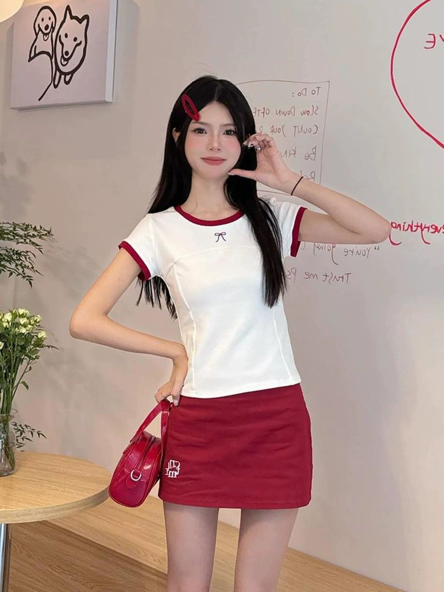 경관 그림 원본 품질 달콤한 자매 바람 개성 반신 스커트 라운드 넥 티셔츠 투피스 세트 세트 상세 이미지 5