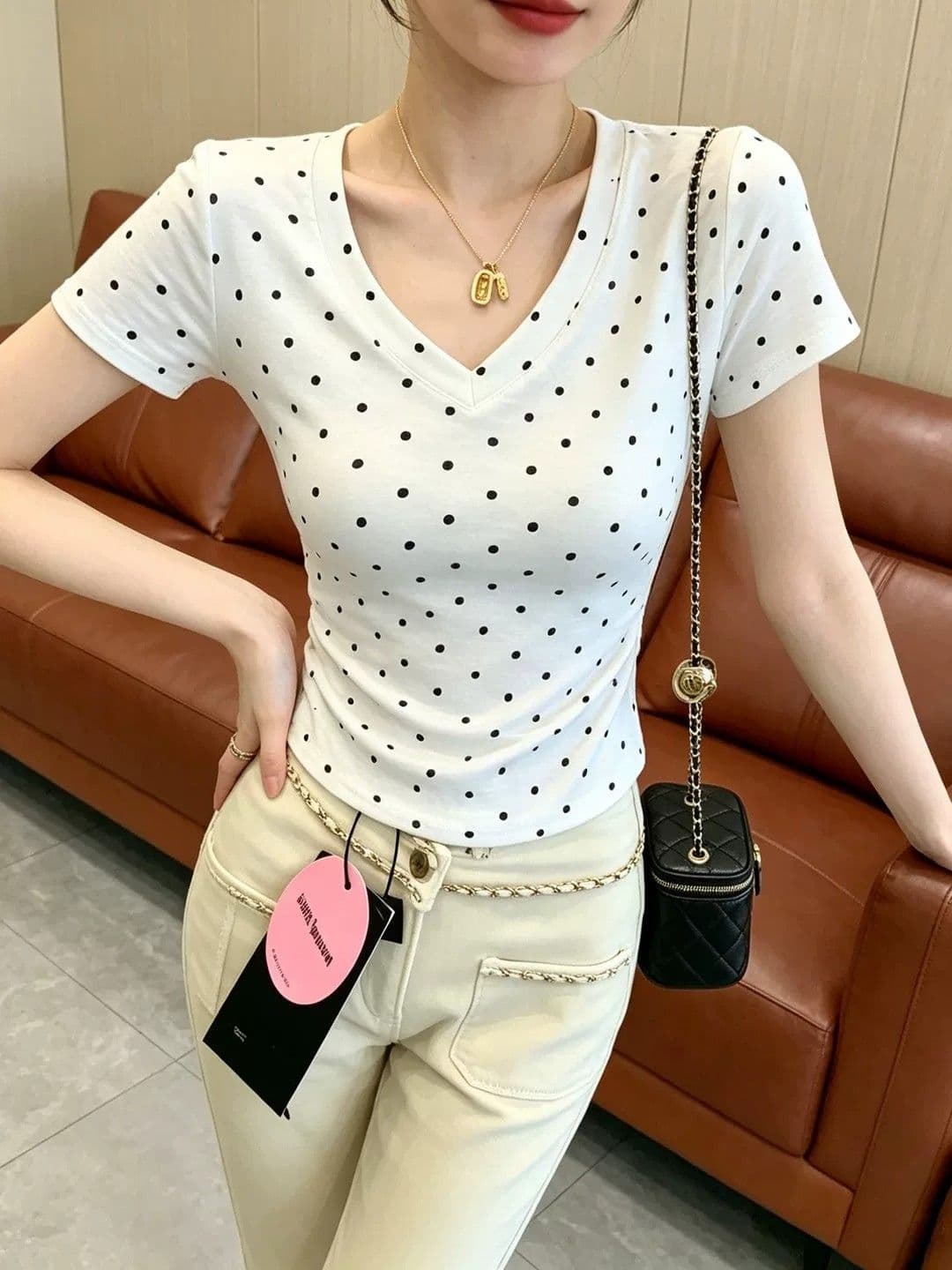 220 그램 40 1 1 순면 여름 새로운 한 부서 V넥 도트 무늬 공란 에디션 반팔 티셔츠 이후 패키지 칼라 상세 이미지 5