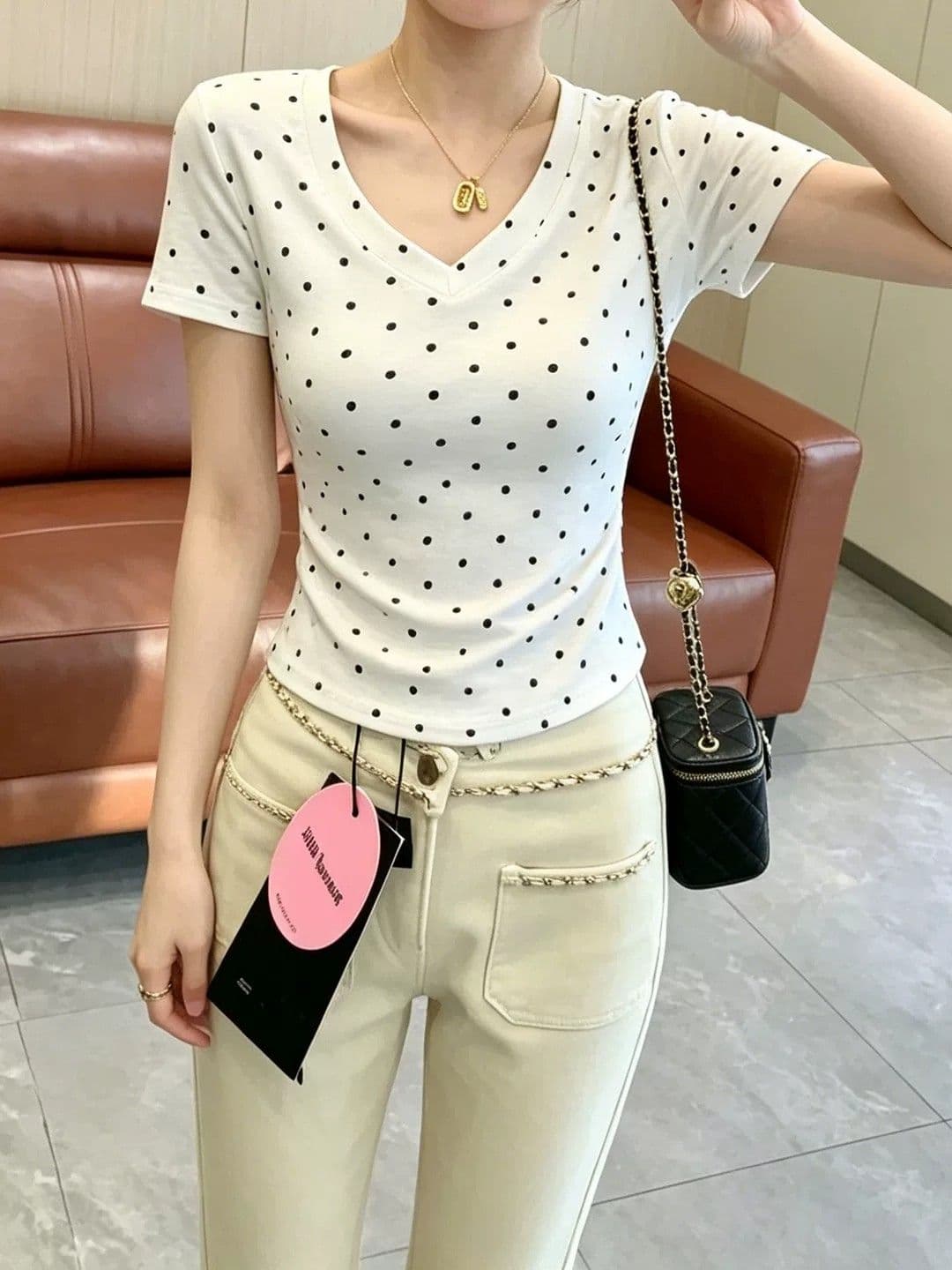 220 그램 40 1 1 순면 여름 새로운 한 부서 V넥 도트 무늬 공란 에디션 반팔 티셔츠 이후 패키지 칼라 상세 이미지 6
