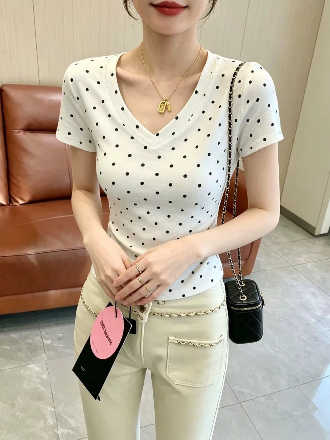 220 그램 40 1 1 순면 여름 새로운 한 부서 V넥 도트 무늬 공란 에디션 반팔 티셔츠 이후 패키지 칼라 상세 이미지 7