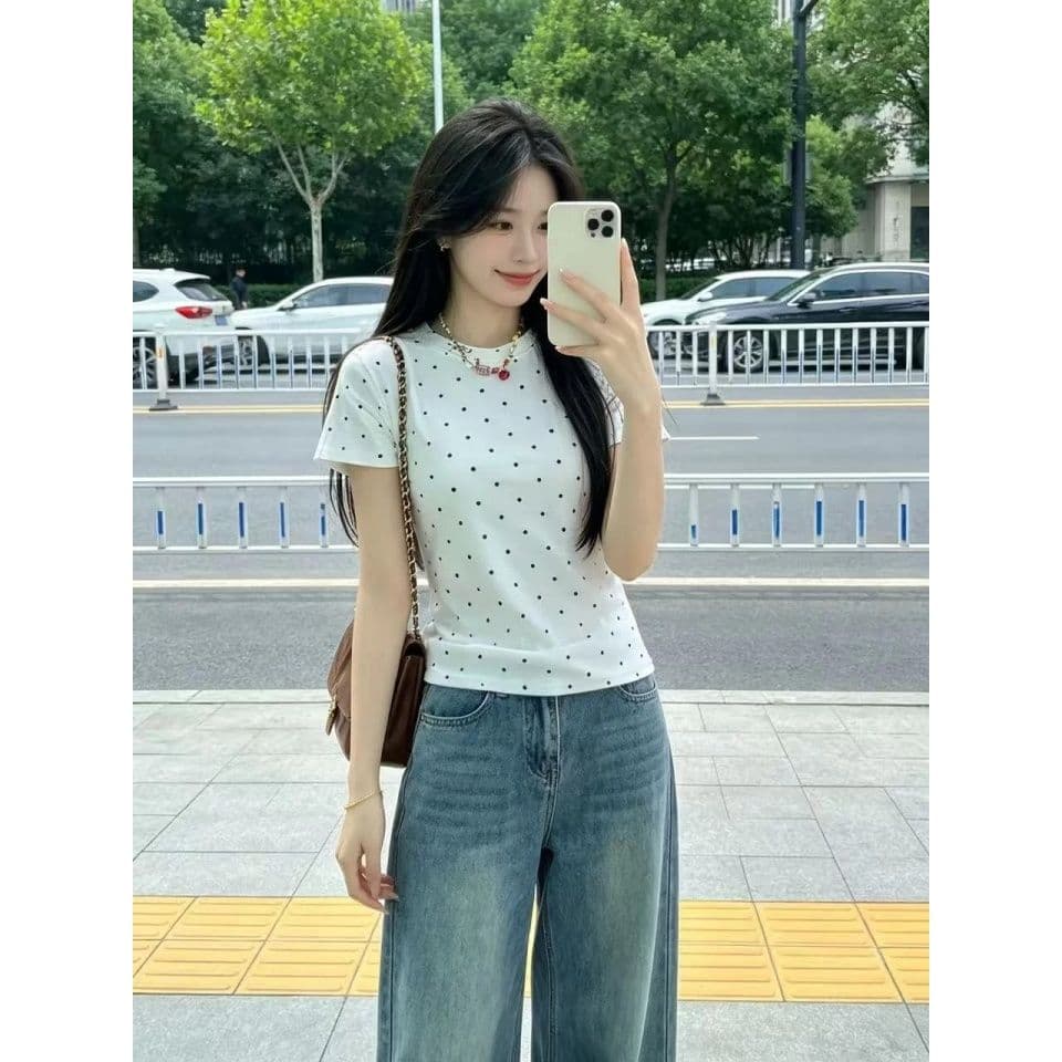 220 그램 40 1 1 순면 한 부서 새로운 패션 라운드 넥 도트 무늬 반팔 공란 에디션 맨위 이후 패키지 칼라 상세 이미지 2