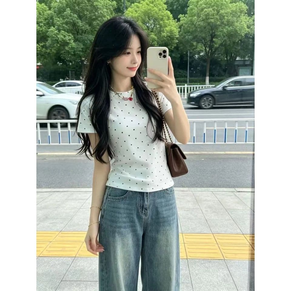 220 그램 40 1 1 순면 한 부서 새로운 패션 라운드 넥 도트 무늬 반팔 공란 에디션 맨위 이후 패키지 칼라 상세 이미지 3