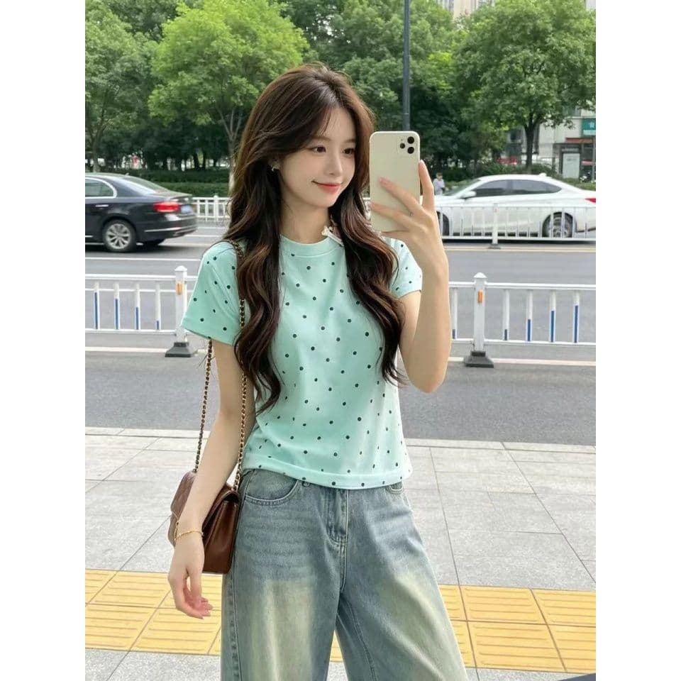 220 그램 40 1 1 순면 한 부서 새로운 패션 라운드 넥 도트 무늬 반팔 공란 에디션 맨위 이후 패키지 칼라 상세 이미지 4
